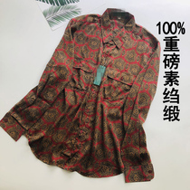 Lining clothes spring and summer foreign trade high quality 100 hitch retro ancient printed long sleeves crepe satin real silk shirt woman with thin blouses