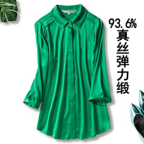 Green silk shirt womens seven-point sleeve spring new heavy stretch satin silk Mulberry Silk womens shirt