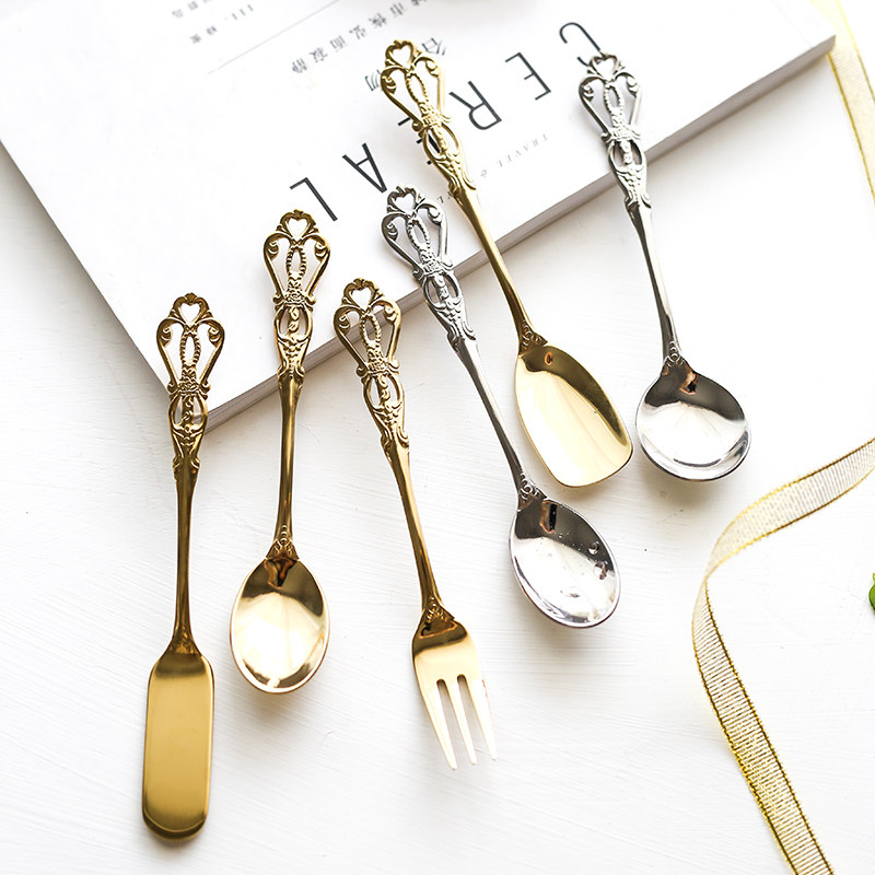 Carved hollow stainless steel coffee mixing spoon Ice cream dessert spoon Ice cream spoon Gold leaf spoon cream knife