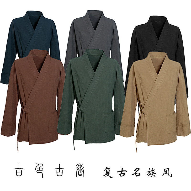 Chinese style men's Chinese costume tops Zen clothes Ancient Hanfu Taoist robes Lay linen vintage wind cotton linen clothes