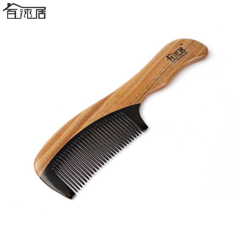 百沐居纯天然绿檀木整木梳子檀木黑水牛角梳按摩护发防静电木梳子