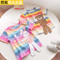 Bala-year-old baby children short sleeves male and female Korean version cartoon striped pure cotton t-shirt foreign air blouses