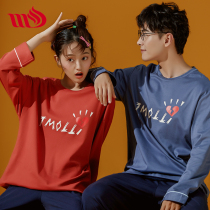 Spring and autumn cotton long sleeve couple pajamas loose leisure and comfortable Long family home clothes suit can be worn outside women