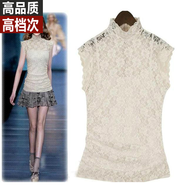 European and American Style Fashionable High-Neck Elastic Slim-Fit Lace Short-Sleeve T-Shirt Women's Plus Size Stand-Up Collar Base Shirt U with Straps