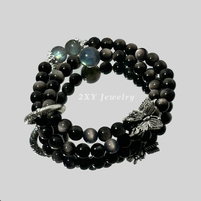 2Xy Black Silver Obsidian Multi-Layer Bracelet Moonstone Labradorite Beaded Bracelet Double Layer Atmospheric Layered Wear Butterfly Original Design