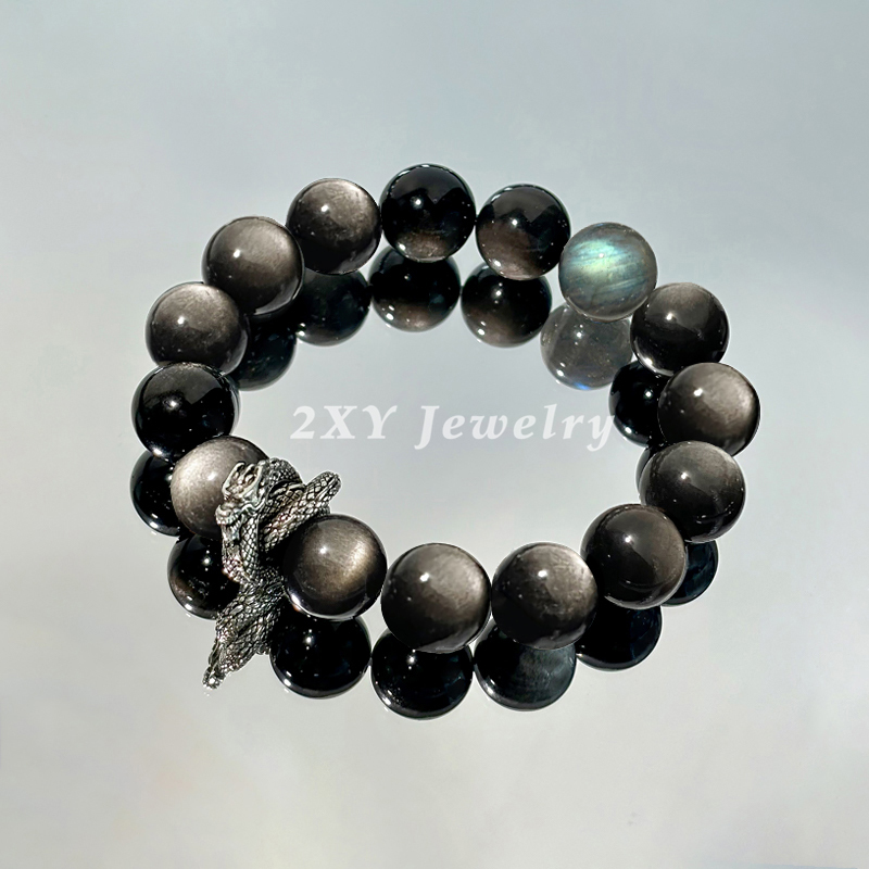 2Xy Dragon Year Bracelet Snake Luck Vintage Black Obsidian Unisex Beaded Bracelet Men's Gift Authentic