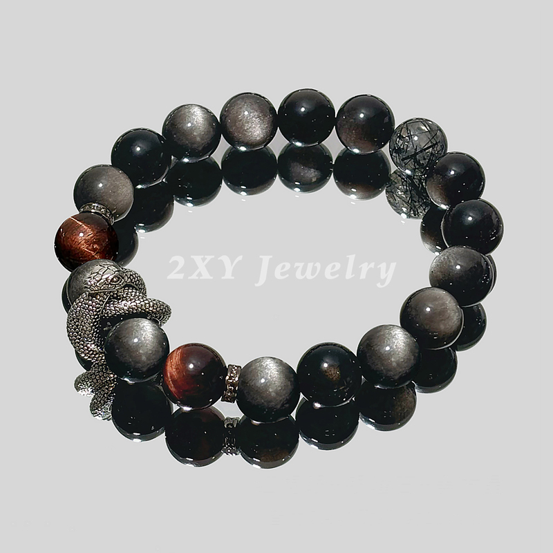 2Xy Snake-Shaped Bracelet Couple's Gift for Men Black Silver Obsidian Bead Bracelet Personalized Sterling Silver Tiger Eye Black Hair Crystal High-End