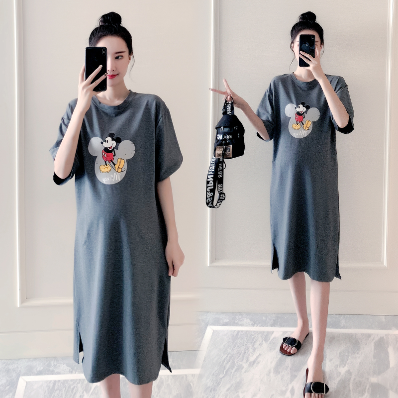 Pregnant women's summer clothes Large size pregnant women's T-shirt long dress tide 2021 summer fashion over the knee split loose pregnant women's dress
