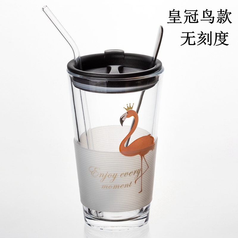 Net red baby sippy cup nữ sinh viên Hàn Quốc phiên bản cốc thủy tinh vảy thủy tinh với rơm đo cốc hộ gia đình sáng tạo hoạt hình - Tách bình tập uống nước cho bé