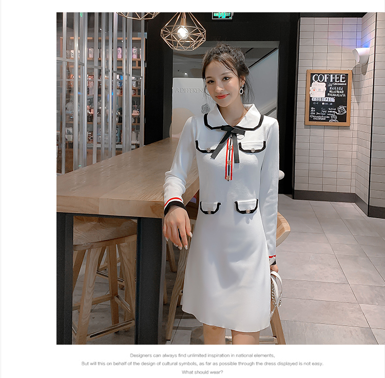 VK旗艦店 韓國風優雅針織時尚條紋拼接撞色長袖洋裝