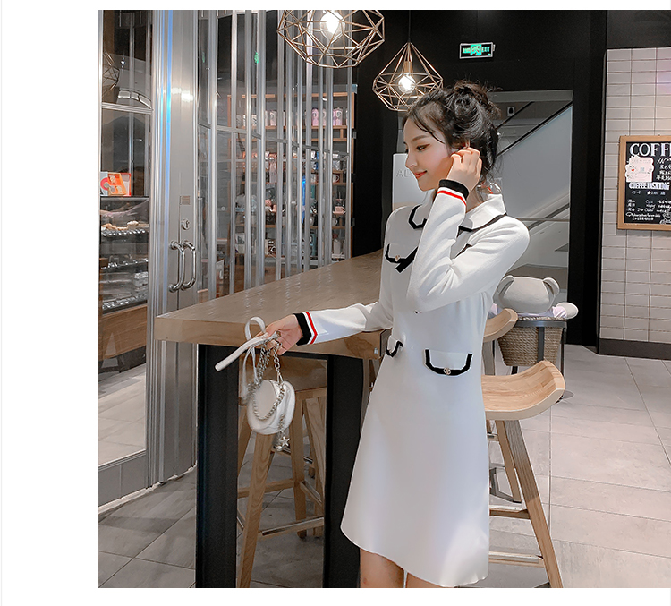 VK旗艦店 韓國風優雅針織時尚條紋拼接撞色長袖洋裝