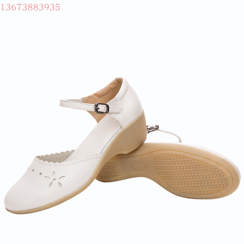First layer cowhide spring and summer nurse shoes white wedge four seasons shoes beef tendon bottom comfortable leather work non-slip women's shoes