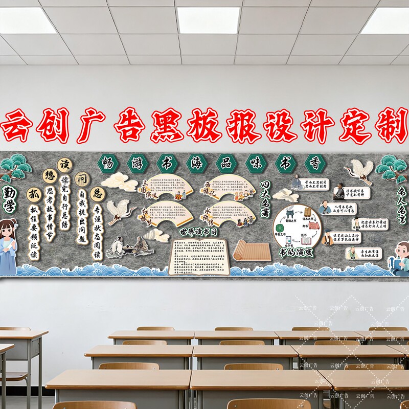 Blackboard Decoration Wall Stickers New Chinese Style Reading-Themed Junior High School Exam Classroom Environment Creation Border Decorative Strips Universal Template