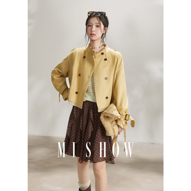 [Exclusive for Strawberry Fans] Mystery Show Vintage Yellow Short Jacket Loose Double-Breasted Trench Coat