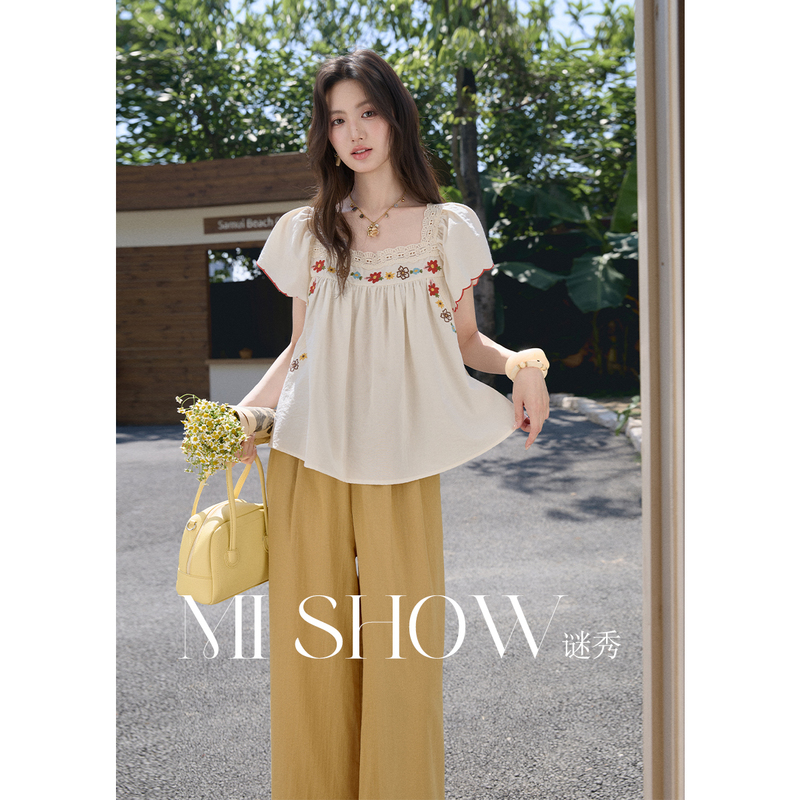 [Strawberry Exclusive] Mystery Show French Retro Embroidered Puff Sleeve Shirt Summer Loose Casual Lace Trim Blouse