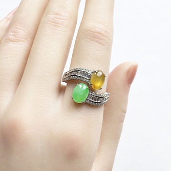 Mandarin duck style natural burmese genuine ice yellow jade two-color egg face ring laokeng a goods green jade ring