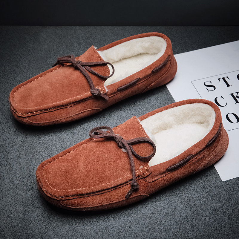 Winter beanie shoes men's plus velvet leather warm thick wool shoes low-top snow boots fur one large size cotton shoes