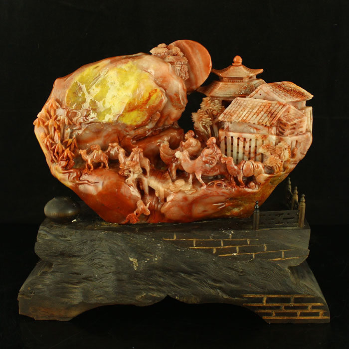 One-price natural Fujian Shoushan stone hibiscus stone Seiko carving ornaments Silk Road certificate