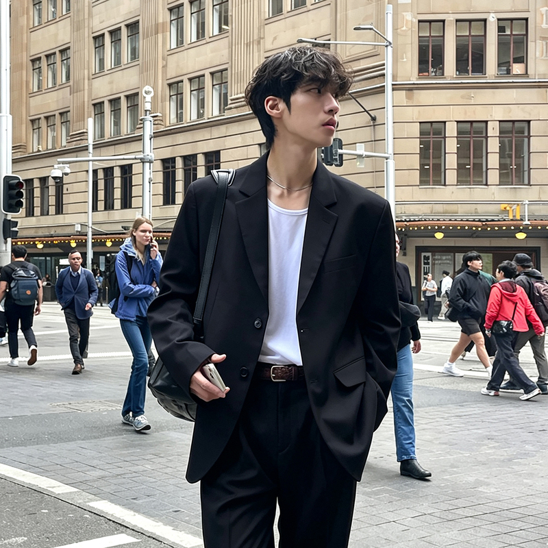 Bishe Trendy Business Style Black Suit Set, Autumn Long-Sleeved Loose Casual Light Luxury Single-Breasted Korean-Style Suit Bishe Trendy Business Style Black Suit Set, Autumn Long-Sleeved Loose Casual Light Luxury Single-Breasted Korean-Style Suit
