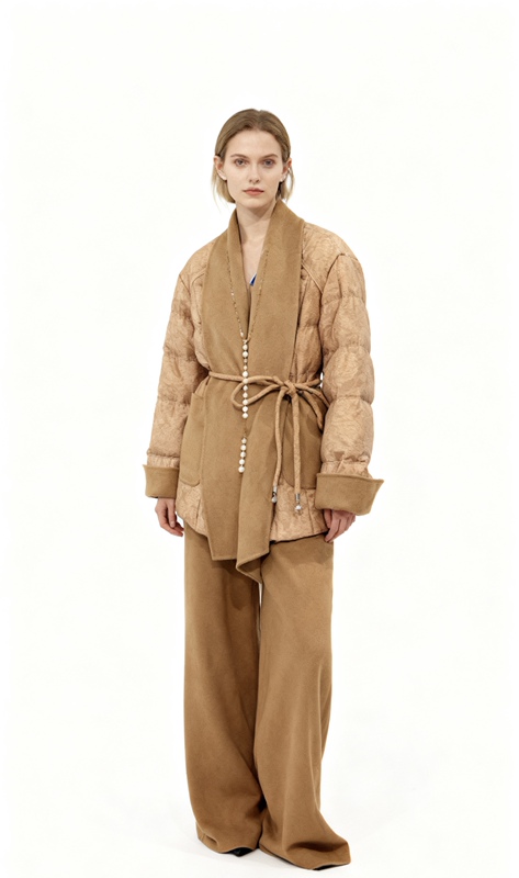 25 New High-End Niche Designer New Chinese-Style Lace-Up Cashmere Spliced down Jacket with 90% White Duck down National Style Coat