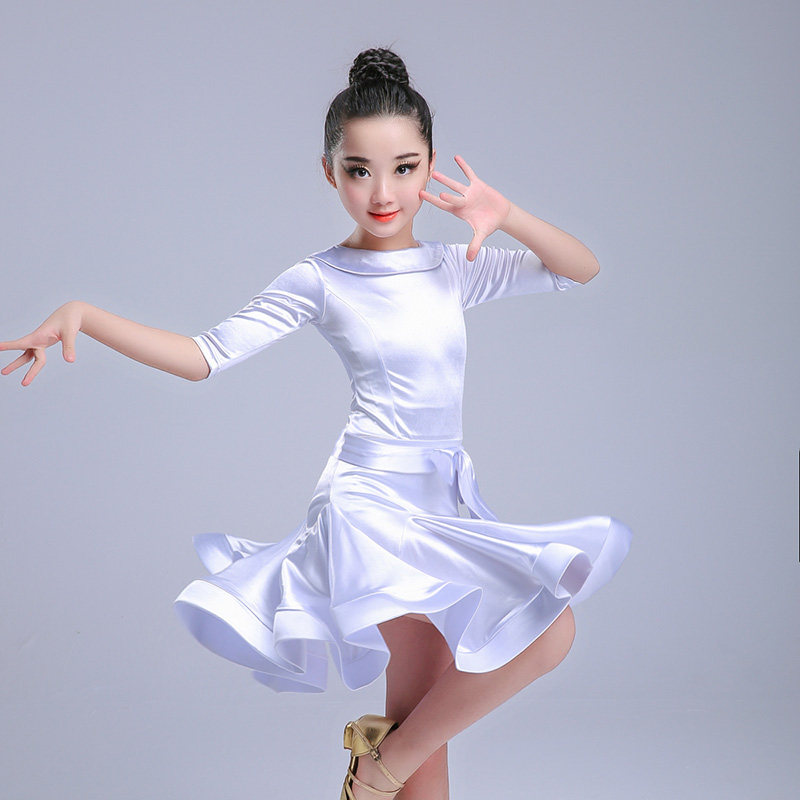 Girls' bright-faced Latin dance art test stipulates practice clothes with middle sleeves and big swing dresses for performance standard art test practice clothes