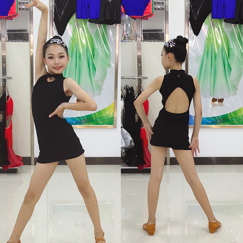 Toddler Latin Dancing Gongfu Lieven with professional female Children's foreign dress Black Dew Back Dance Performance Wear no sleeves Summer