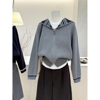 Korean style navy collar striped contrast cardigan sweater jacket