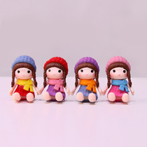 Little girl toy ornaments cute hat scarf long braid girl micro landscape fleshy flower pot desktop decorations