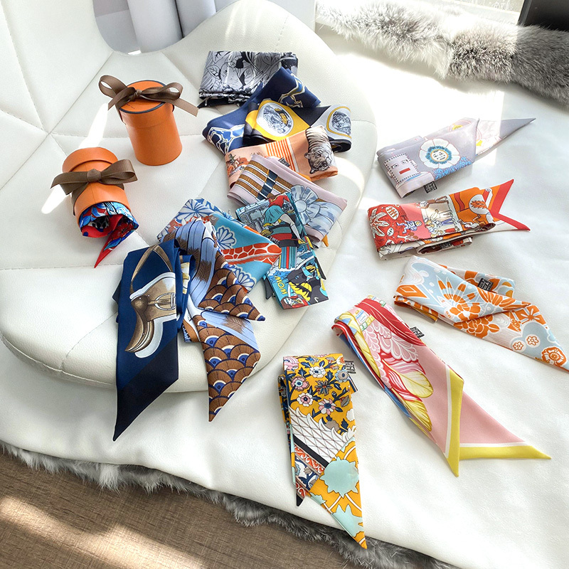 New Silk Scarf for Tying on Bags, Handle Wrap for Handbags, Decorative Long Ribbon, Double-Sided Silk Scarf for Women