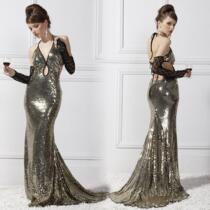 Lan Gufangs new gold and silver bright sheet long dress sexy ruffling back to the end Toast Evening Gown Walking Show Evening Dress