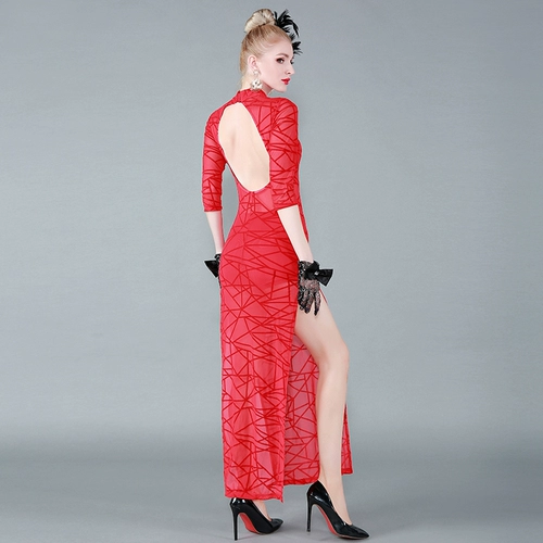 Длинное эластичное классическое красное кружевное сексуальное ципао для танцевального шоу, облегающий крой