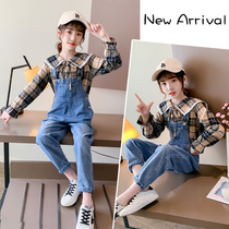 Girls denim strap pants set 2021 new spring and autumn dress foreign style 6 spring dress 7 pants 8 children 9 girls ten years old