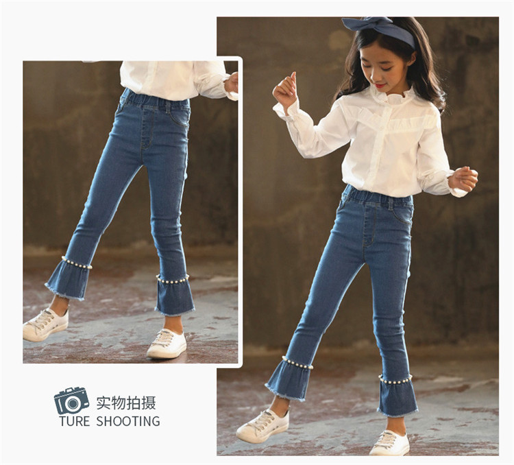 Quần 5 dây denim nữ 2018 phiên bản Hàn Quốc mới của quần áo xuân hè 12 quần trẻ em 7 tuổi 8 mẫu mùa thu 6 mùa thu đại dương quần jean ống rộng cho bé gái