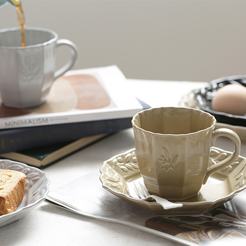 Japanese Imported Seto Ware Rough Pottery Olive Branch Relief Mug Water Cup Coffee Milk Breakfast Milk Cup for Home Use