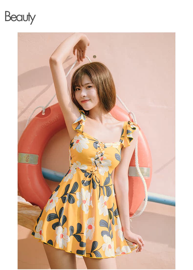 Thời trang Hàn Quốc ins girl nhỏ tươi áo tắm nữ che bụng thon ngực nhỏ tụ tập đảo nghỉ giải trí chơi nước - Bộ đồ bơi One Piece áo tắm 1 mảnh