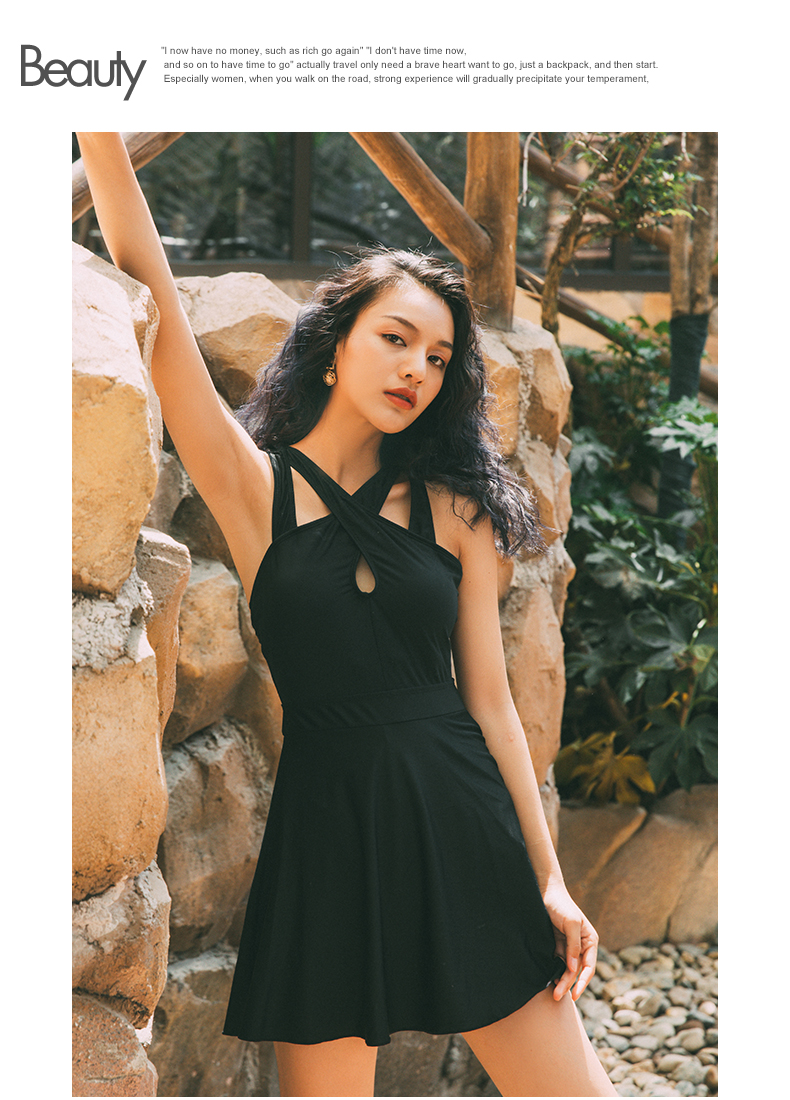 Đồ bơi mới, váy của phụ nữ, liền nhau, thon gọn, bụng che, màu đen bảo thủ, trắng, gợi cảm, thời trang, đồ bơi ngày lễ Hàn Quốc - Bộ đồ bơi One Piece váy bơi liền thân