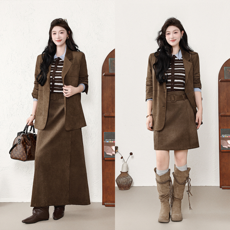 Guanyuwei Fat Girl Plus Size Women's Clothing 2026 New Autumn Retro Blazer Suede Skirt Set Guanyuwei Fat Girl Plus Size Women's Clothing 2026 New Autumn Retro Blazer Suede Skirt Set