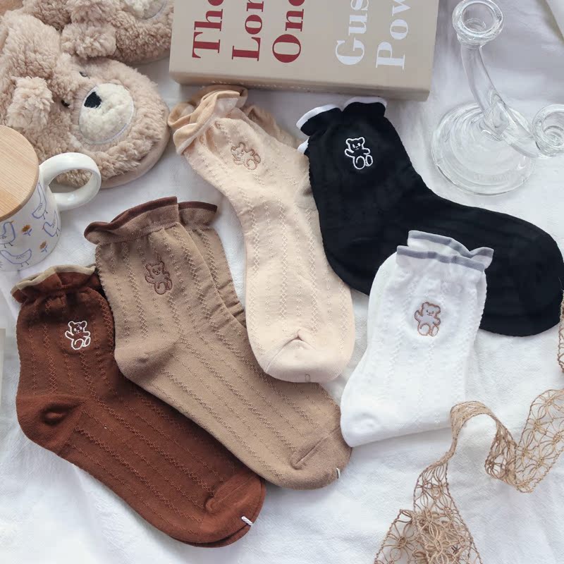 School Fan Little Bear lace Sox children Spring and autumn summer ins Chains Lovely Day of the Department Carits Cotton Pure Cotton Students Midcylinder Socks