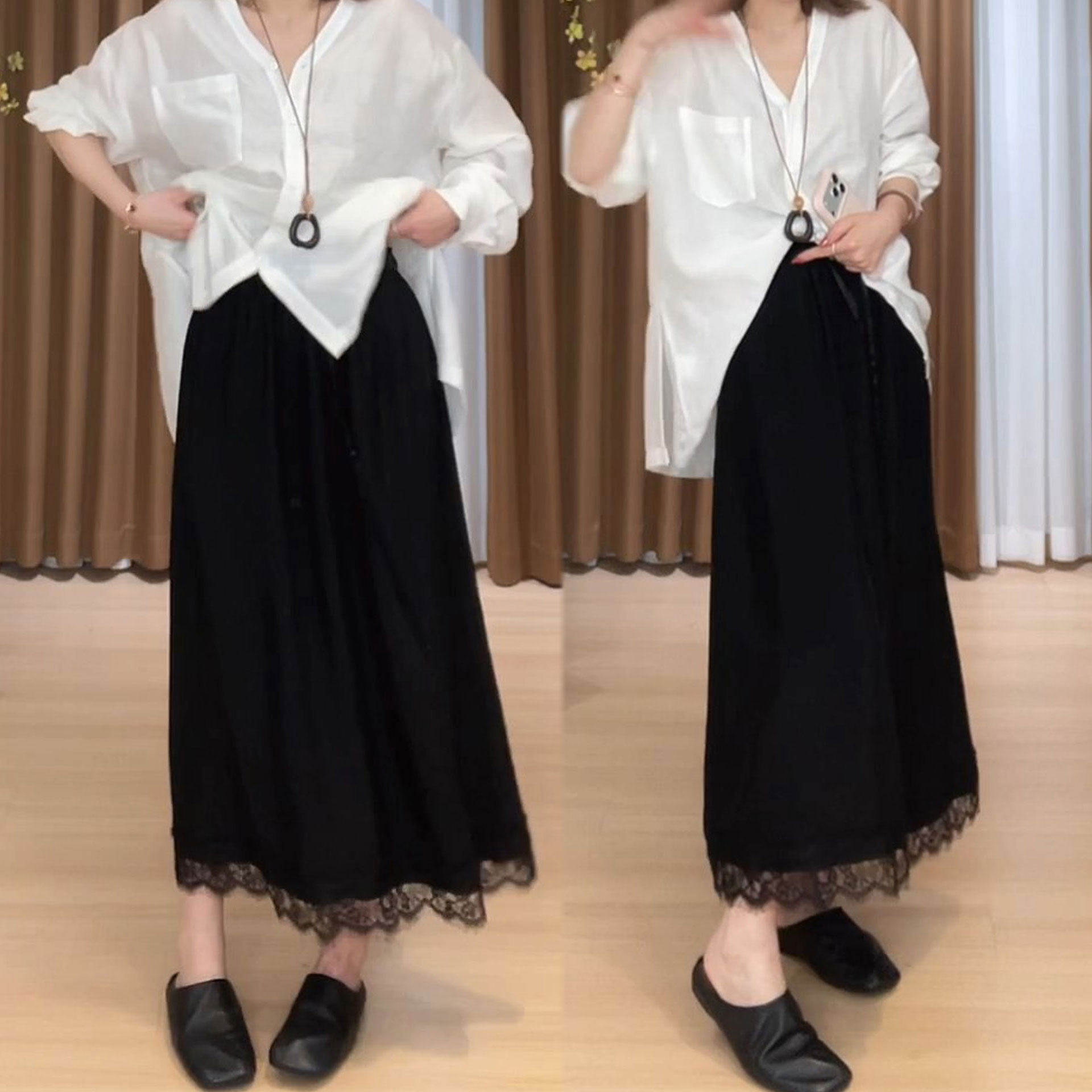 时尚气质百搭松紧腰中长裙2026夏季新款拼接蕾丝下摆显瘦半身裙女