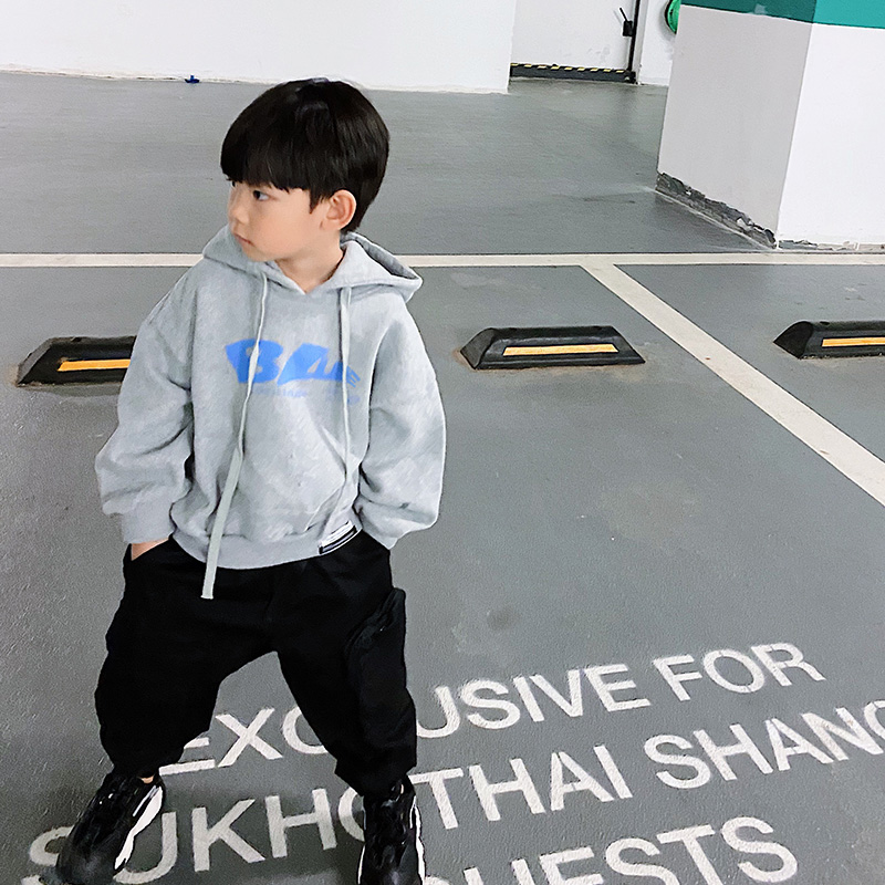 Bobo piggy boy clothing boy blouses Korean version winter dress CUHK children fashion grey plus velvet letters thick cotton T tide