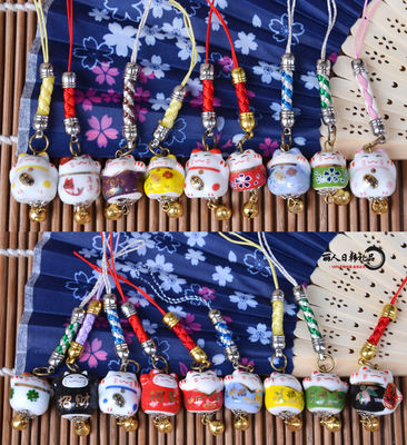 Maneki Neko mobile phone chain pendant, ceramic, Japanese kimono style, Japanese-style genuine imported couple handmade pendant small gift