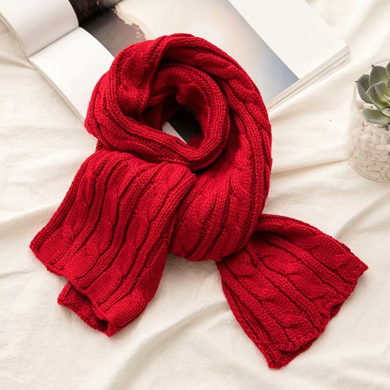 Children's winter Korean version of knitted wool thickened simple twist warm scarf men and women children big red scarf