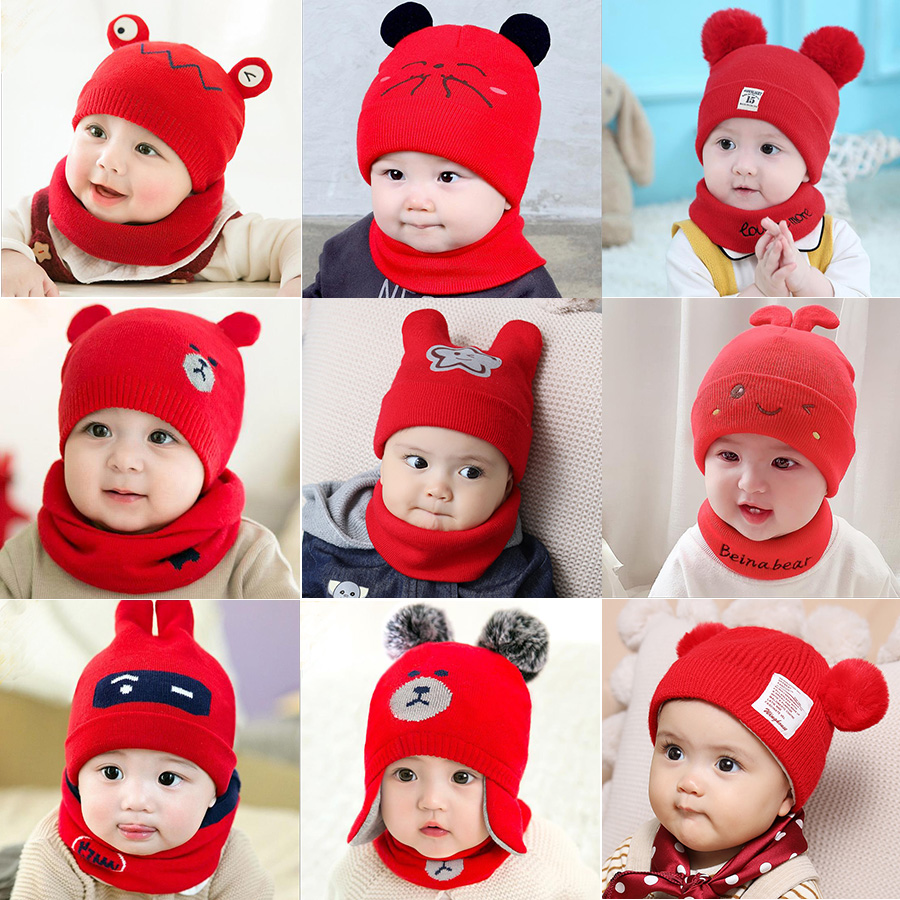 Baby male and female baby lovely warm big red hair hat around neck suit festive hat in autumn winter
