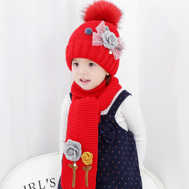 Children little girl in winter sweet and cute plus suede thick hat scarf scarf suit baby warm wool ball flower hat