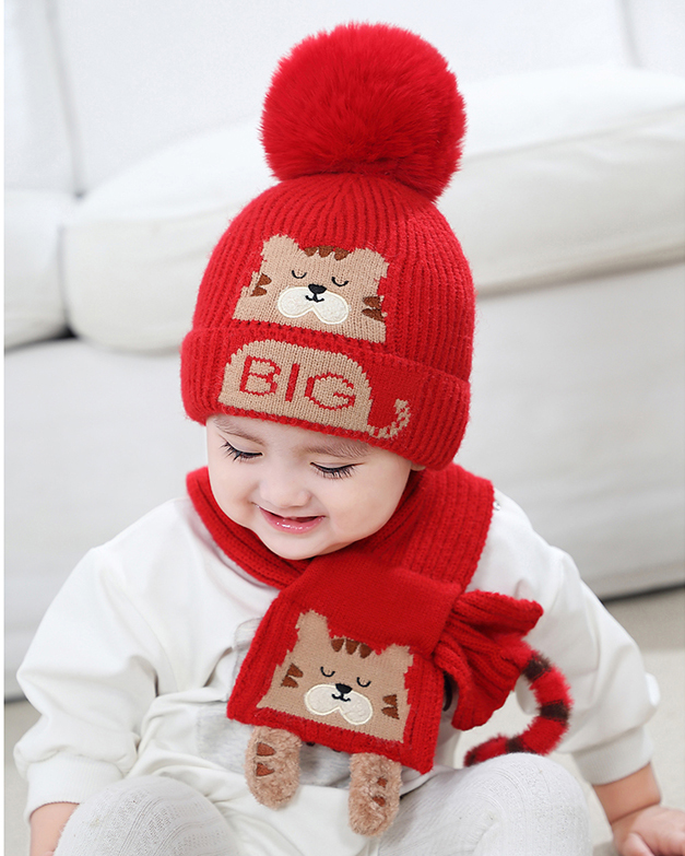 Children's male and female baby winter thickened warm cute tiger years red tiger knit wool line hat circumference neck suit