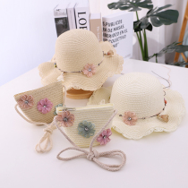 Children little girl seaside travel Sun sweet cute princess flower beach straw hat bag set summer