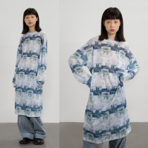 CryingCenter Summer Coolness Beach Print Mesh Loose Long Sleeve Dress CryingCenter