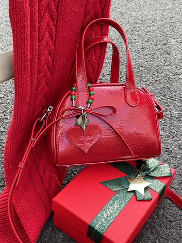 CryingCenter Christmas Red Mini Mini Boston Butterfly Wax Bright Leather College Classic Classic Cissert Bag