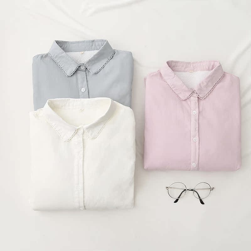 Mùa đông 2018 mới của phụ nữ nhỏ tươi cộng với áo nhung dày nữ Han Fan sinh viên áo sơ mi dài tay retro áo sơ mi nhung tăm