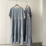 Синее цветное летнее платье, длинная юбка, свободный крой, короткий рукав, средней длины